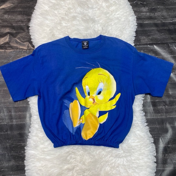 American Vintage Tops - VINTAGE TWEETY BIRD GRAPHIC LOGO BLUE REWORKED TEE SHIRT Y2K STREETWEAR CASUAL